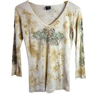 Vtg Sledge Beige Tie Dye Celtic Knot Long Sleeve T-Shirt Size Medium Grunge Y2K
